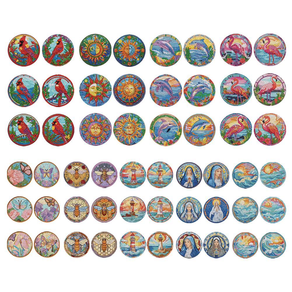 Special Shape Diamond Painting Coasters Kits Sun Stain Glass 6PCS Full Drill Diamond Coaster Dolphin Stain Glass Bee Stain Glass