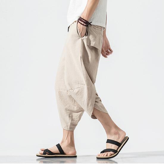 Pánské letní zkrácené kalhoty Elastická šňůrka v pase Mrkvové kalhoty Vertikální pruhovaný potisk Harémové kalhoty Streetwear