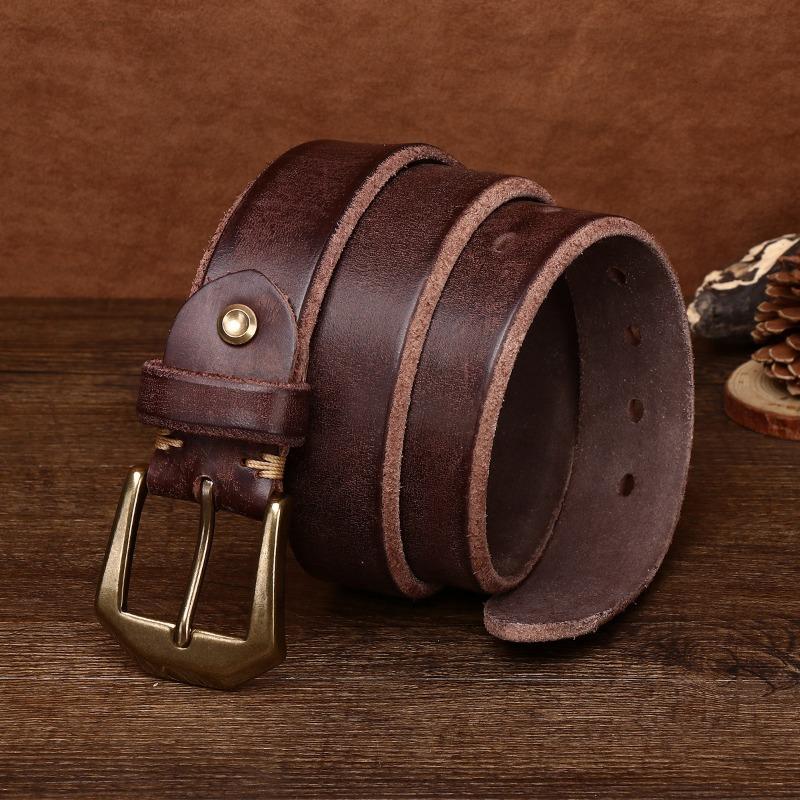 Thickened large copper buckle extra thick beveled edge retro matte leather belt men's first layer cowhide casual belt
