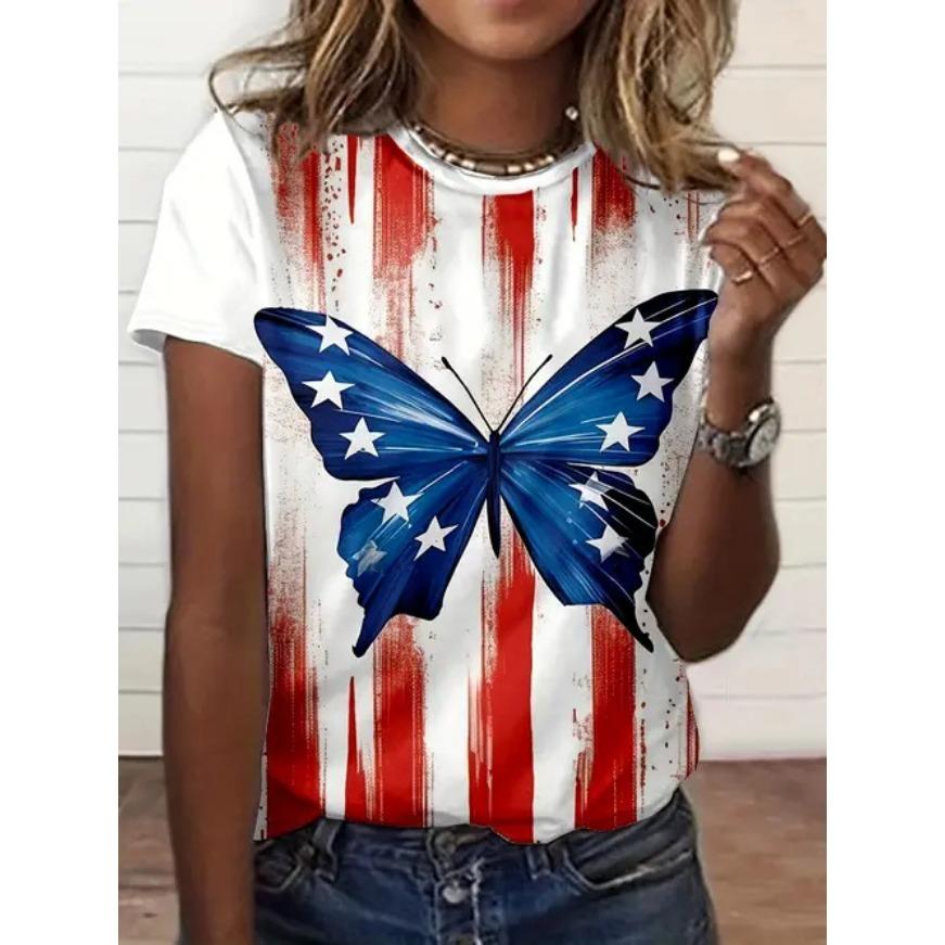 Fashionable Butterfly Tees Minimalist 3D Print Pattern Women's T Shirt Round Neck Short Sleeved Top