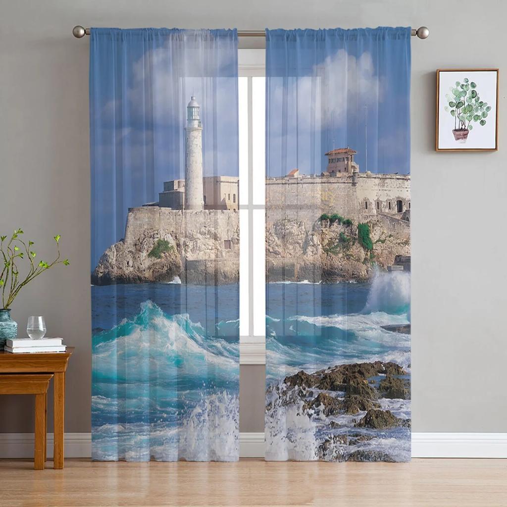 Sea Beach Lighthouse Starfish Seagull Sheer Window Curtains For Living Room Bedroom Modern Tulle Curtains Fabric Drapes