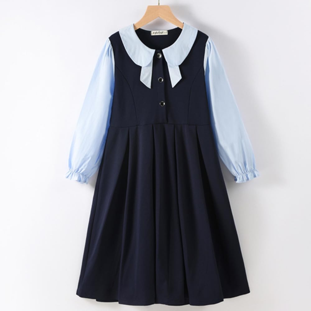DiiFoky Long Sleeve Dress with Layered Look and Round Perfect for School Entrance and Everyday Wear Size Kids' Collar, Recitals, Ceremonies, (Navy,
