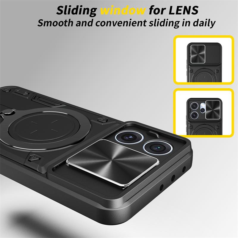 For OPPO Reno 15 F FS 5G Slide Camera Protection Armor Phone Case For OPPO Reno 15 Pro Max Car Magnetic Holder Metal Ring Cover