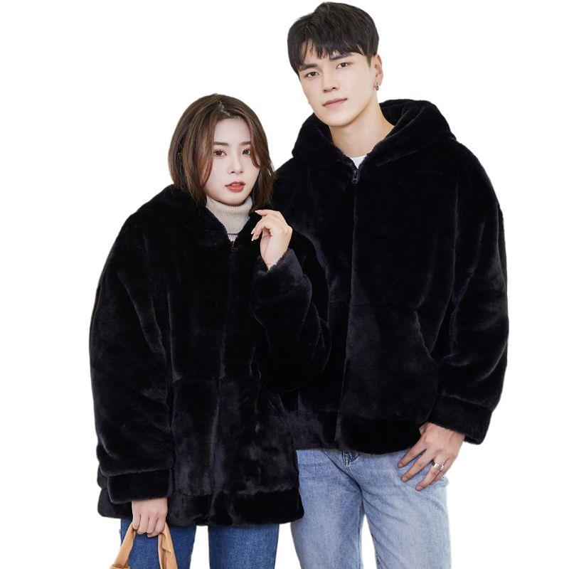 Winter new men's and women's couples fur coat women's imitation Rex rabbit hair hooded loose medium and long plush coat