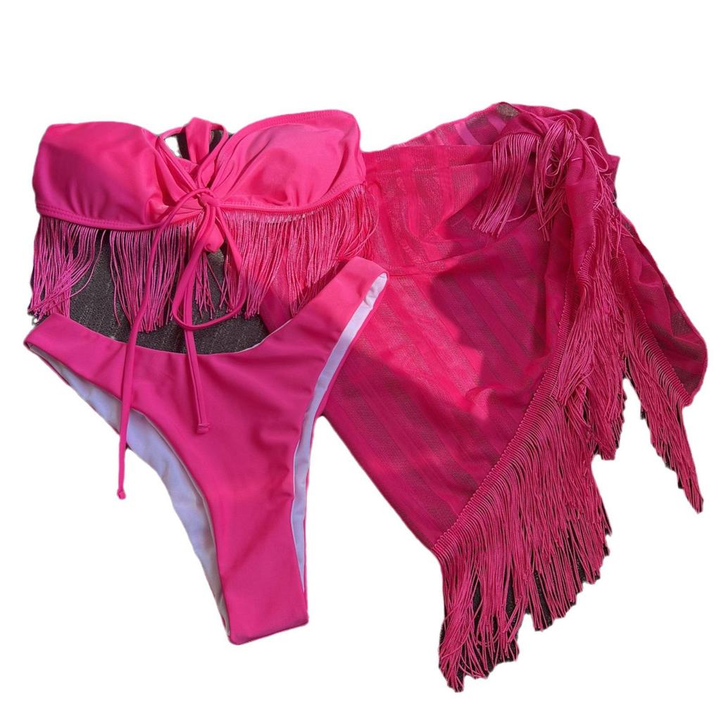 2025 European & American Tassel Mesh Bandeau Halter Three-Piece Bikini Swimsuit