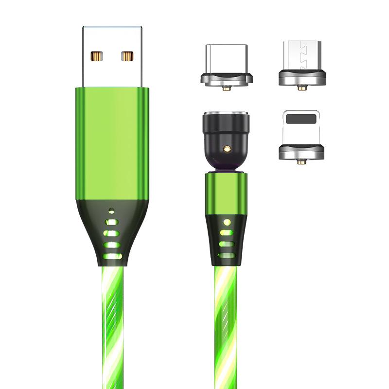 3 in 1 540 Degree Rotating Magnetic Charging Cable with Flowing Light 1m Elbow Gaming Cable for Apple/Android/Type-C