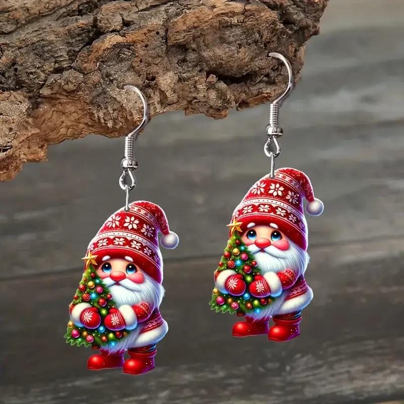 Santa Themed Christmas Claus Holding Tree Pattern Women Earrings Acrylic
