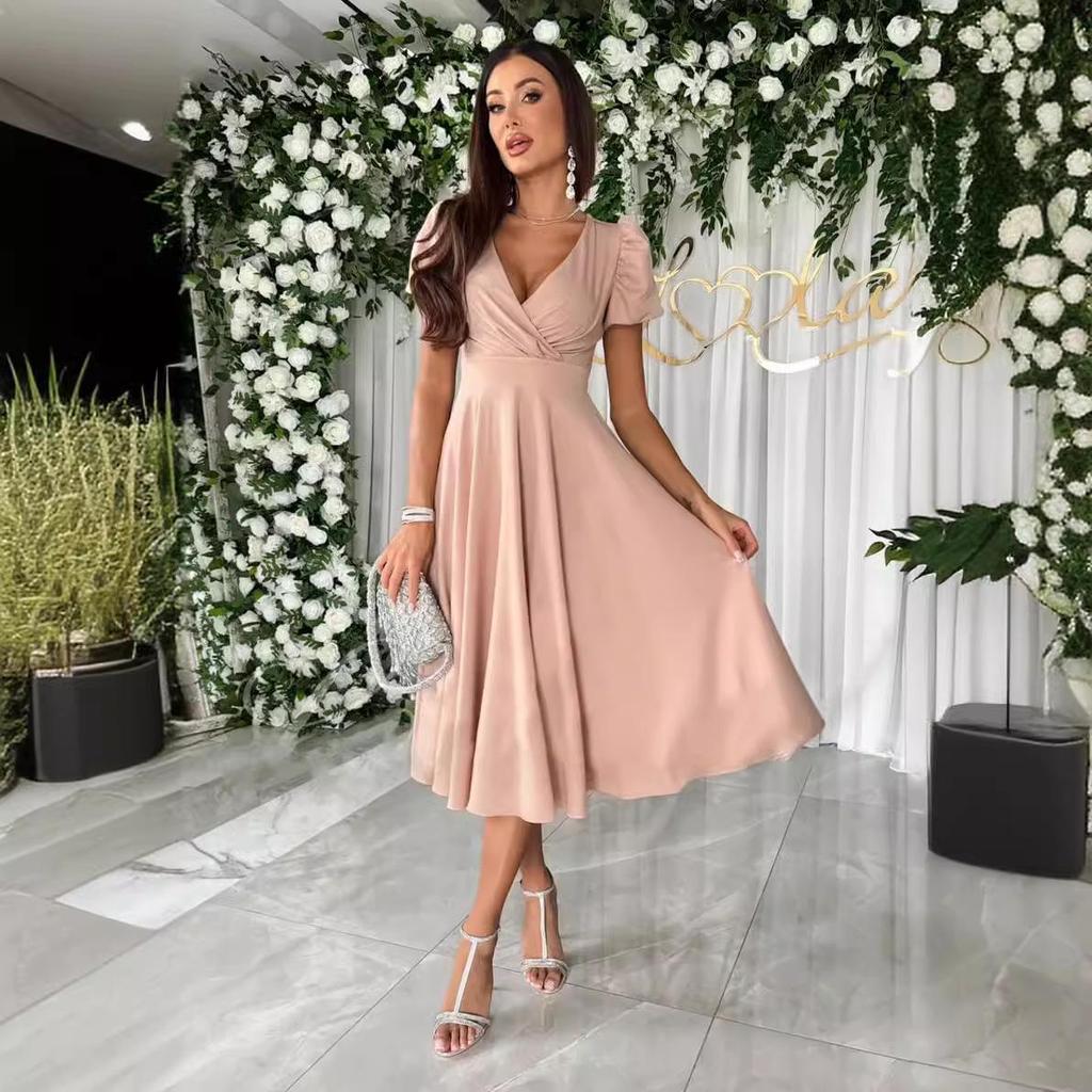 Temu Women's Sexy V-Neck Solid Color Mid-Calf Dress - European American Style