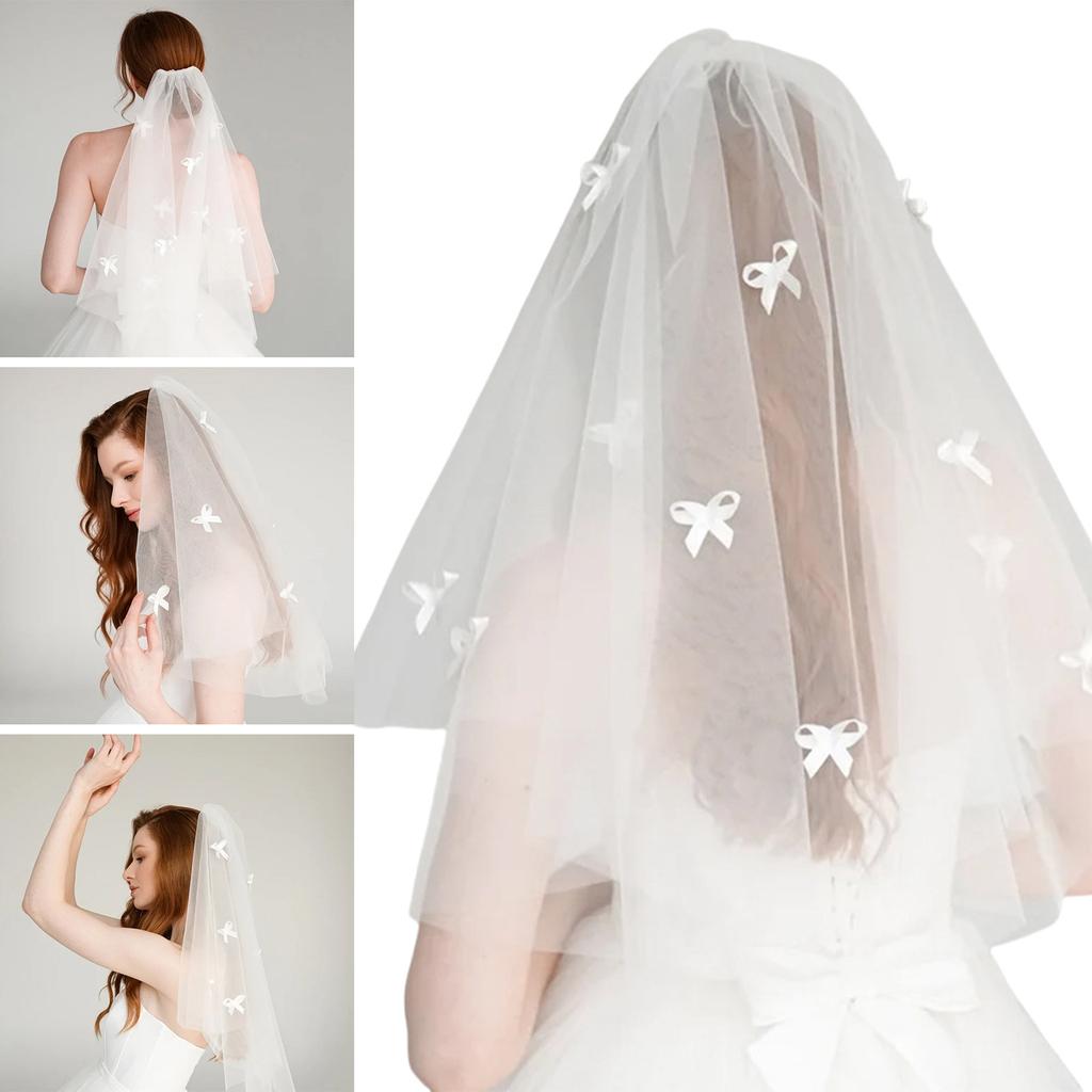 Elegant White Tulle Wedding Veil With Scattered Bowknot Soft Bridal Accessory With Easy Attach Comb for Women Girls