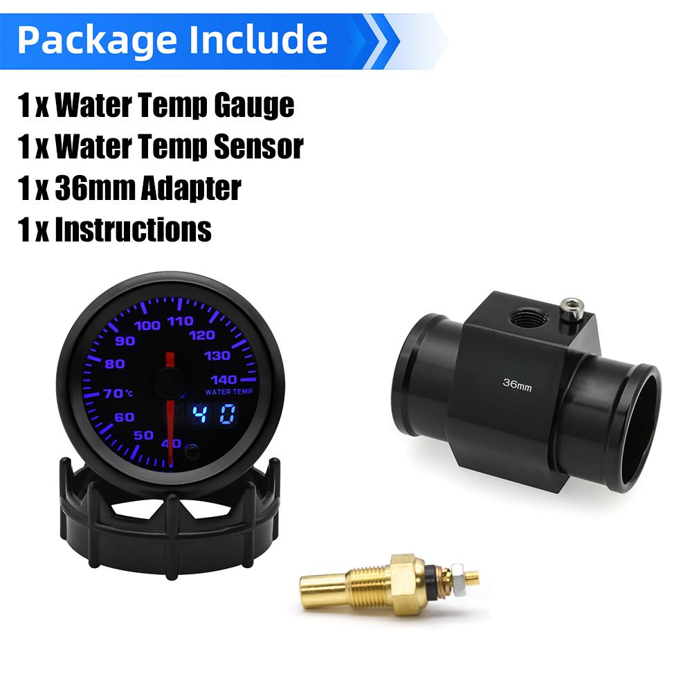 2“ 52mm Water Temperature Gauge 40-140 Celsius 7 Colors Backlight Water Temp Sensor Joint Pipe Sensor Hose Adapter For 12V Car