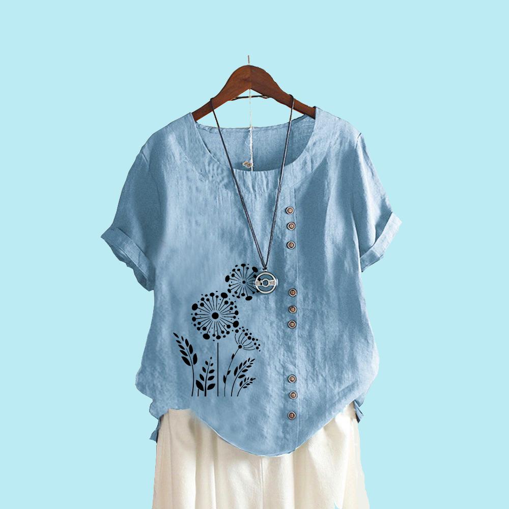 Floral Print Blouses for Women Summer Fashion Short Sleeve T-shirt Ladies Casua Round Collar Loose Plus Size Shirt