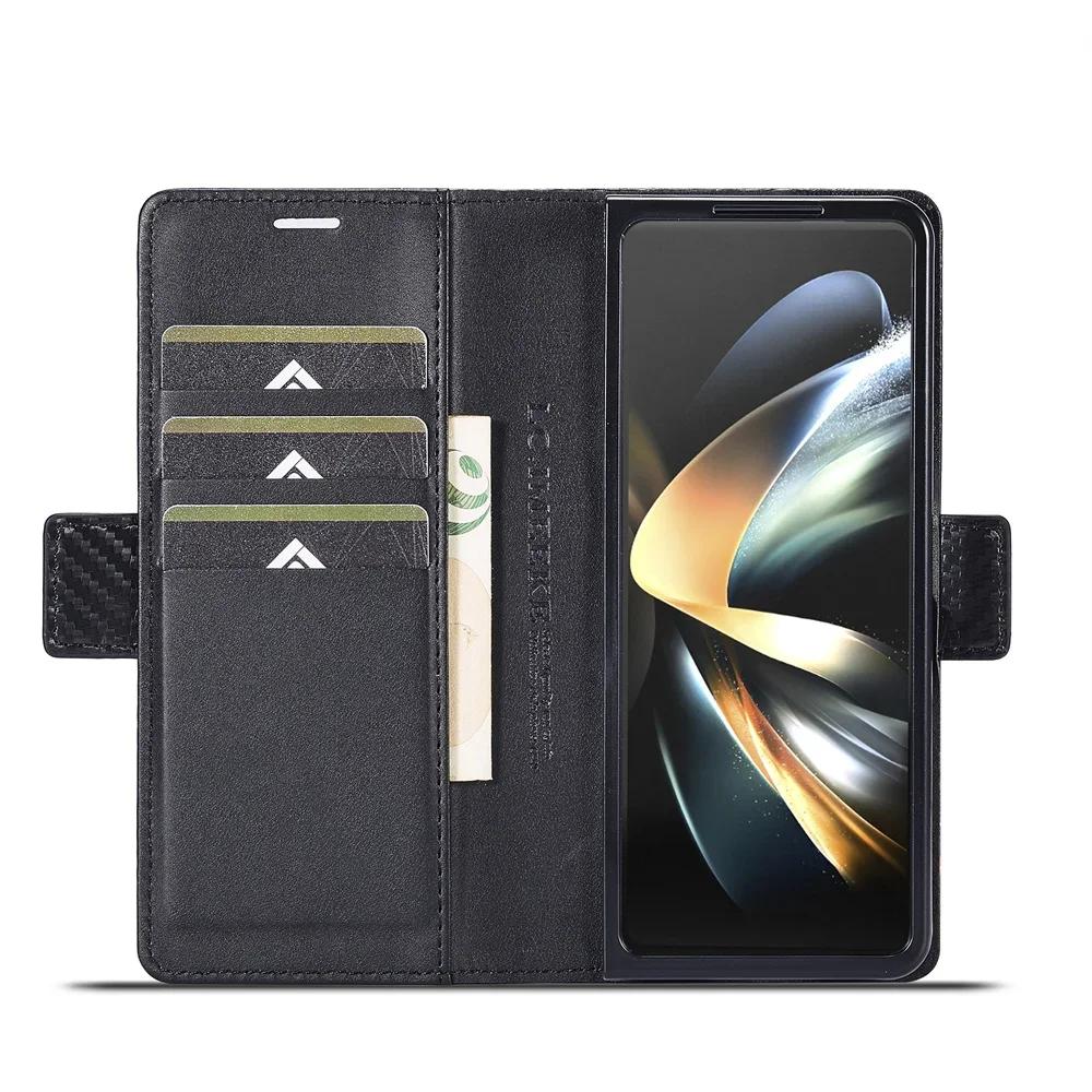 Luxury Carbon Fiber PU Leather Cover For Samsung Galaxy Z Fold 7 6 5 4 3 Fold7 Fold6 5G Phone Case Flip Wallet with Card Holder