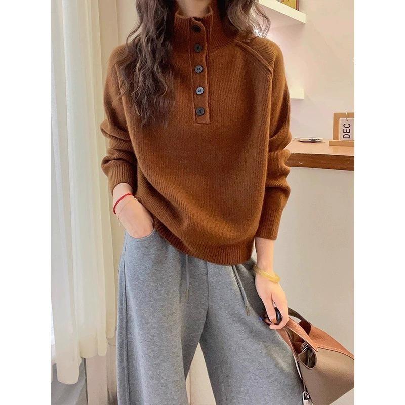 2026 Women's Fashionable French Knit Button-Design Sweater with Half-High Collar