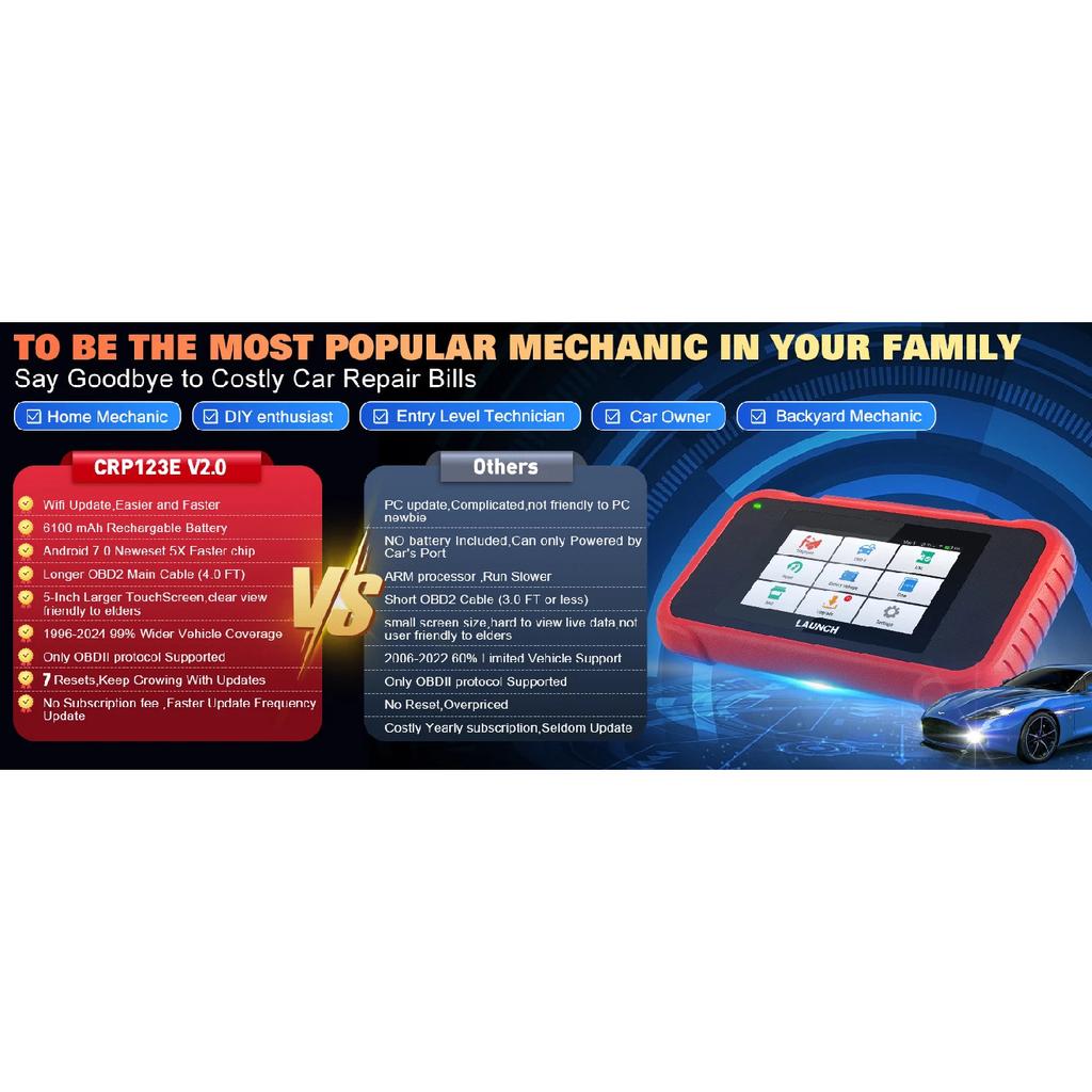 LAUNCH X431 CRP123E V2.0 OBD2 Scanner ENG ABS Airbag SRS AT Auto Diagnostic Tool 7 Reset Code Reader Automotive tools PK CRP123