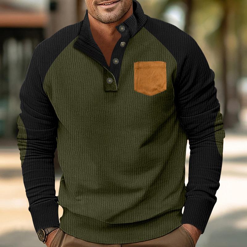 Spring and Autumn Men's Outdoor Casual Stand Collar Loose Corduroy Color Pullover Hoodie