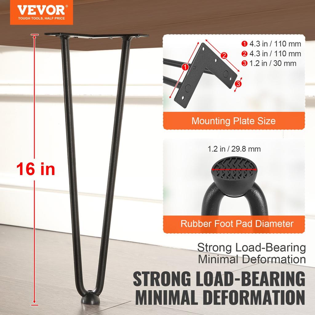 VEVOR 406.4MM Hairpin Furniture Legs, Metal Home DIY Projects for Nightstand, Coffee Table, Desk, 226.8KG Load Capacity with Rubber Floor Protectors
