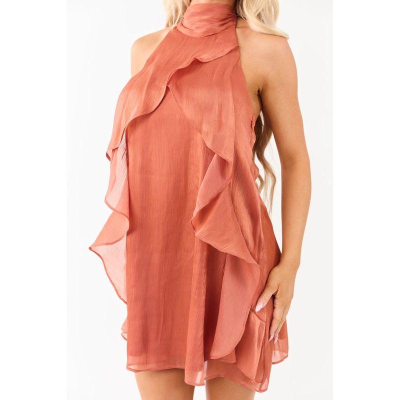 

Экспорт Хорошие Товары Яркий Шелк Блестящая Ткань Рюши Стиль Халтер Красивое Платье с Открытой Спиной Освежающая Юбка А-силуэта Orange Red L