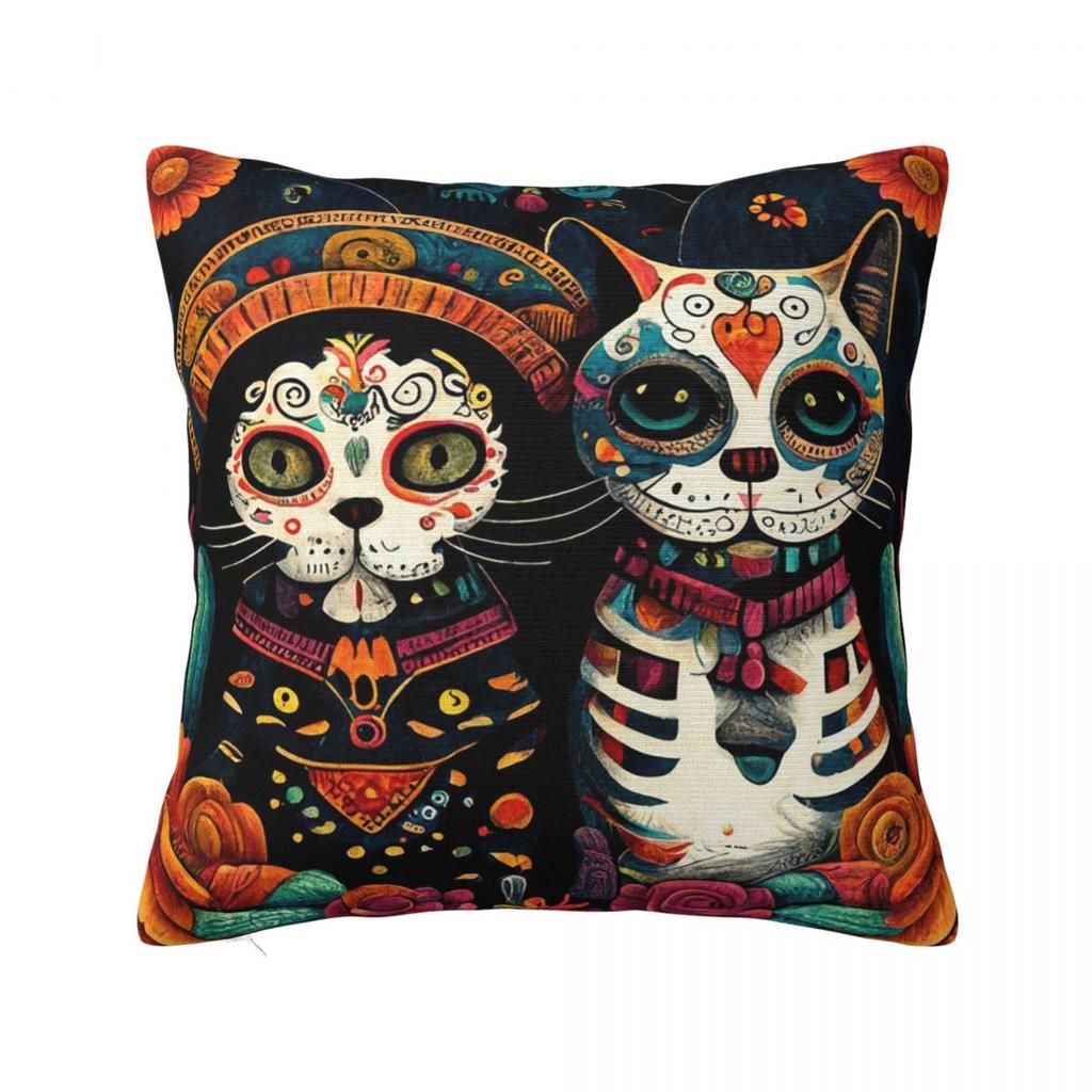 Day Of The Dead Kitten Cat Sugar Skull Dia De Los Muertos Square Pillowcase Pillow Cover Comfort Throw Pillow Home Living Room