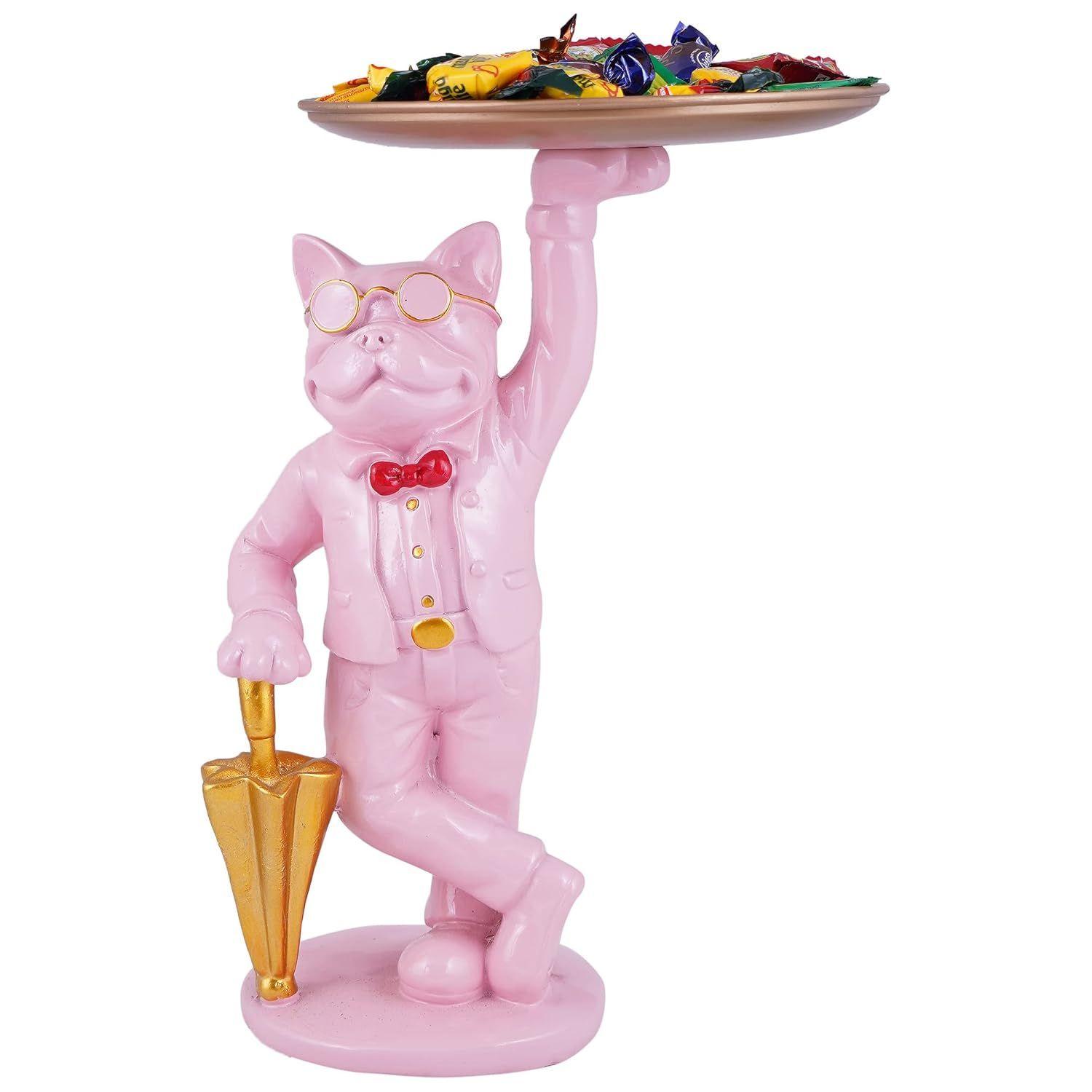 

Фигурка бульдога с подносом, скульптура для украшения дома, выставочный экспонат, украшение для гостиной, кухни розовый