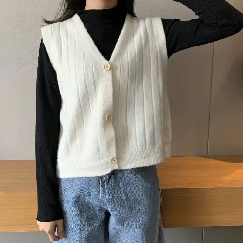 Women's Korean Style Loose Sleeveless Knitted Sweater Cardigan Vest Preppy Style Knitwear Cardigan Outerwear