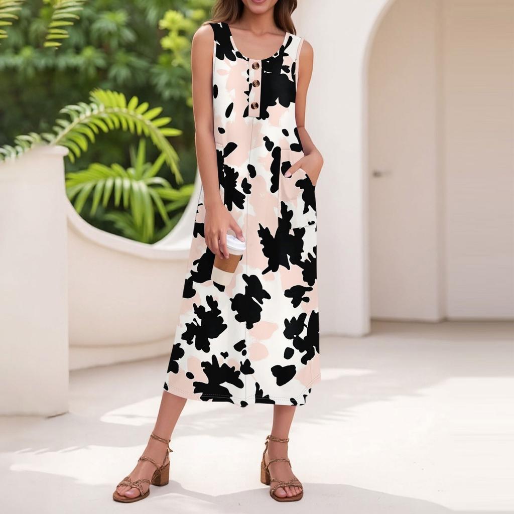 Women's Summer Casual Fashion Floral Print Sleeveless Button Casual Long Dress