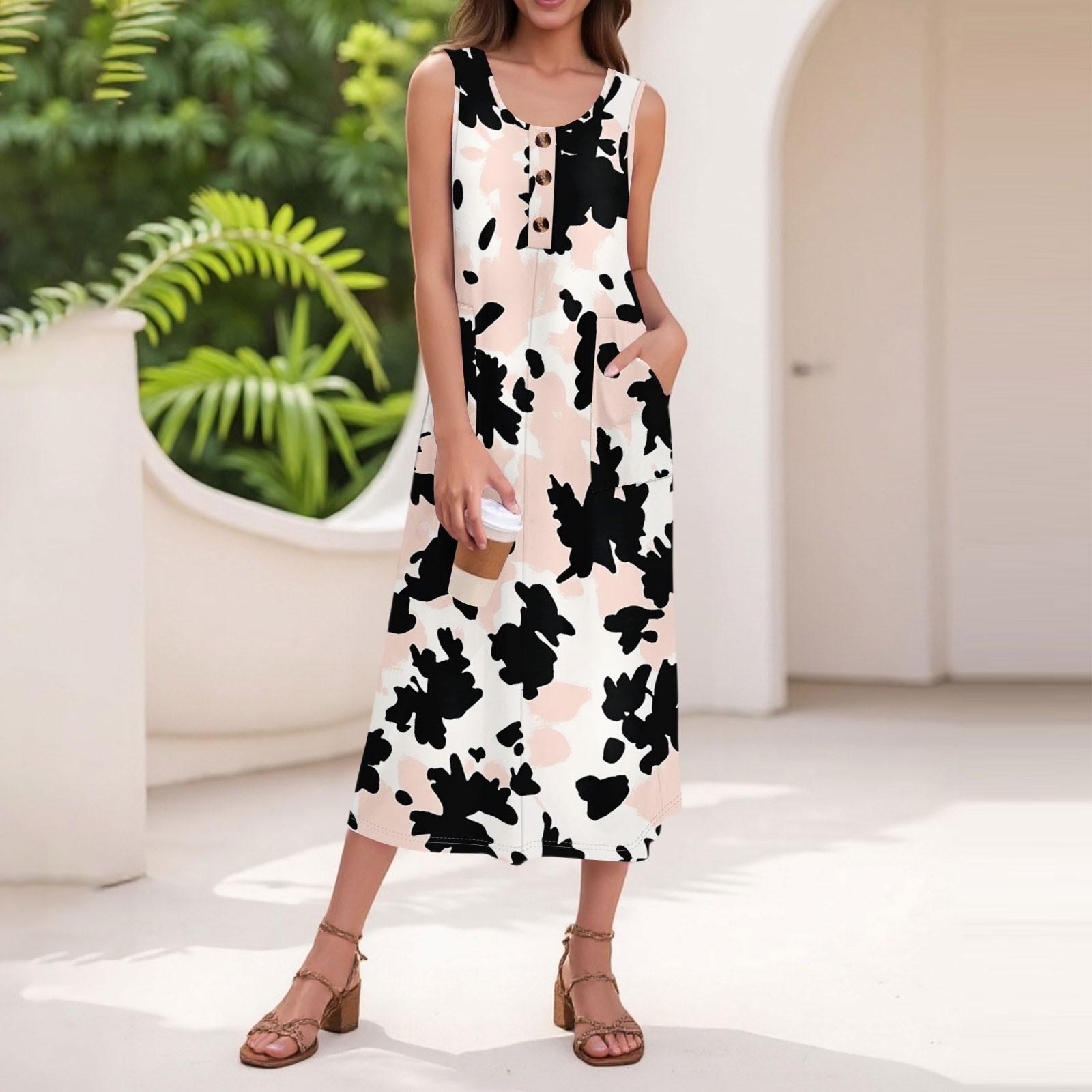 Women s Summer Casual Fashion Floral Print Sleeveless Button Casual Long Dress L
