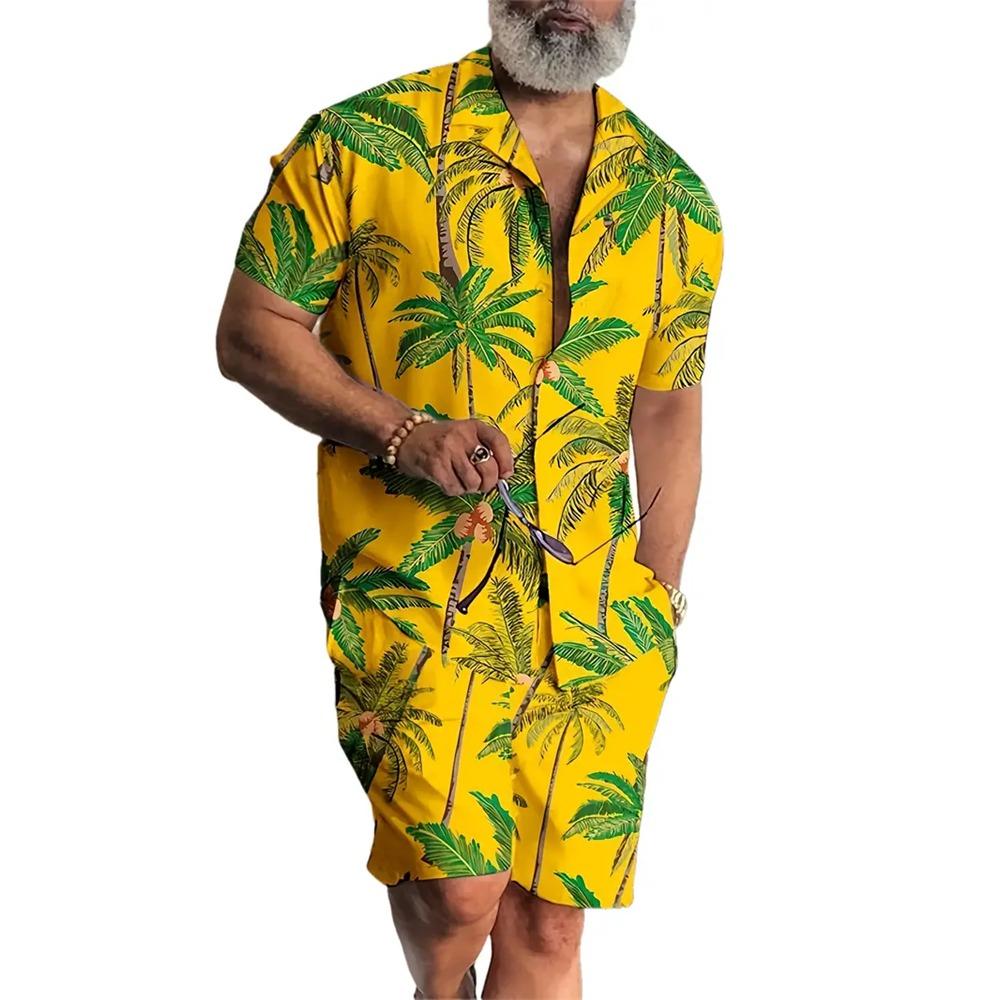 Men's New Hawaiian Short-Sleeved Shirt Shorts Set Summer Daily Travel Shirt Beach Casual Drawstring Shorts Jungle Print Set
