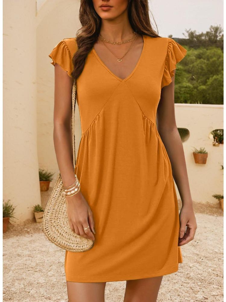 Women V Neck Cap Sleeve Shift Dress Solid Color Casual Loose Fit Summer Dress
