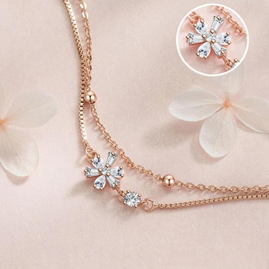 Women Bracelet Double-Layer Cherry Blossom Pendant Bracelet with Rhinestones Inlaid Hollow Design Adjustable Length Bracelet