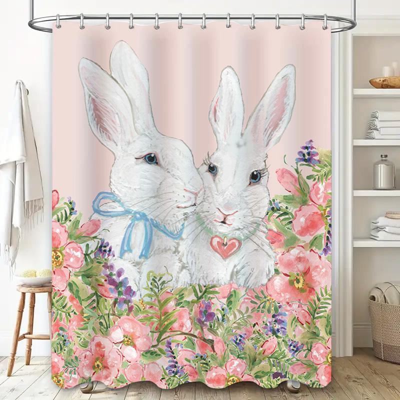 GAERomantic Bunny Bliss: Adorable Rabbits with Floral Design Shower Curtain for a Sweet and Cozy Bathroom Décor