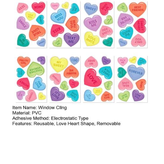 8 Sheets/Set Love Heart Window Cling PVC Reusable Colorful Valentine's Day Heart Shaped Electrostatic Glass Cling Decoration Sticker Decal Kit