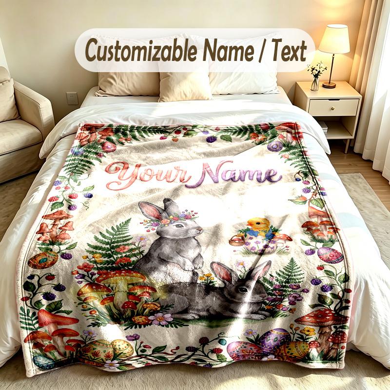 Easter Bunny Theme Soft Blanket Personalized Custom Name Text Print Warm Blanket Home Sofa Bedroom Decor