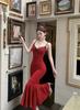 Sweet Spice Girl Robe Red Suspender Dress Birthday New Temperament Splicing Lace Waist Long Dress Fishtail Dress