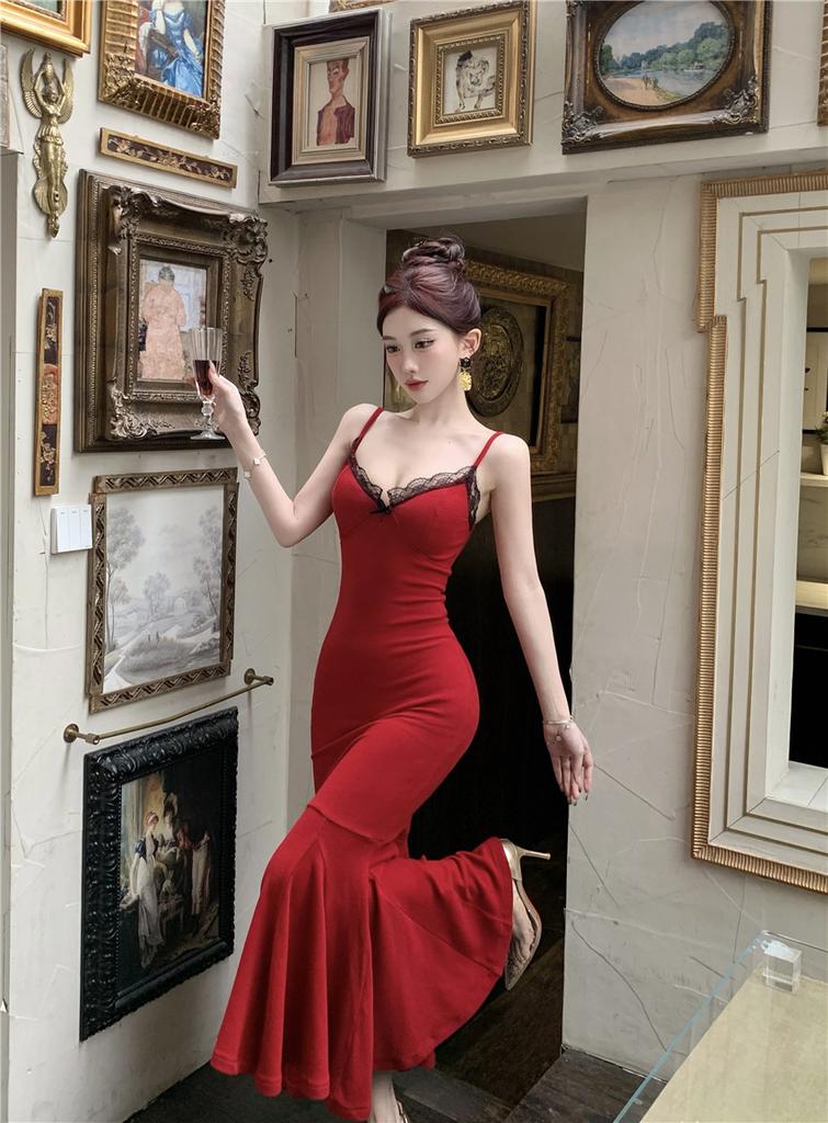 Sweet Spice Girl Robe Red Suspender Dress Birthday New Temperament Splicing Lace Waist Long Dress Fishtail Dress