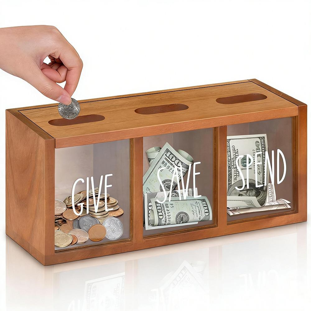 

New Wooden Money Saving Box Wall-Mount Design 3 Compartments Savings Box Clearly Visualized Piggy Bank коричневий
