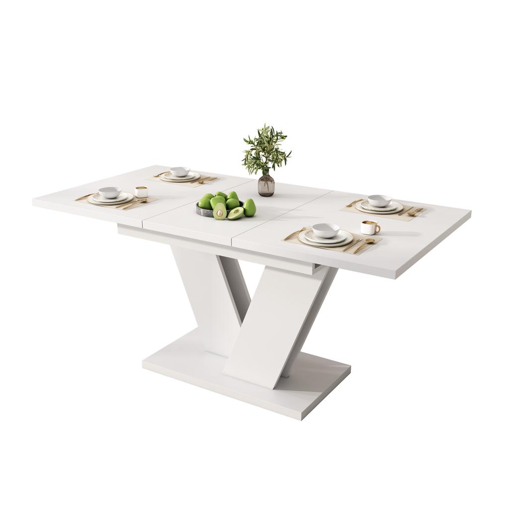 Extendable Dining Table 120/160*80 Cm, Suitable for 4-6 People, Rectangular, Thickened Tabletop, V-Shaped Legs, Simple Style, White