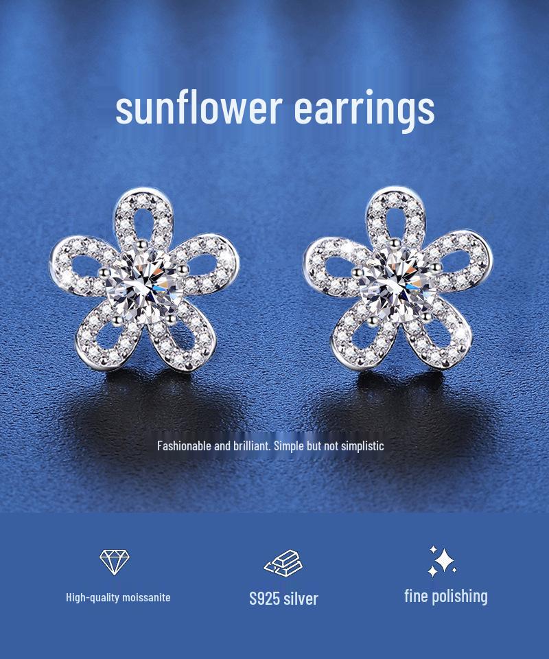 Light Luxury Sunflower Moissanite Stud Earrings In S925 Sterling Silver - D Color, 1 Carat, Perfect Gift for Women
