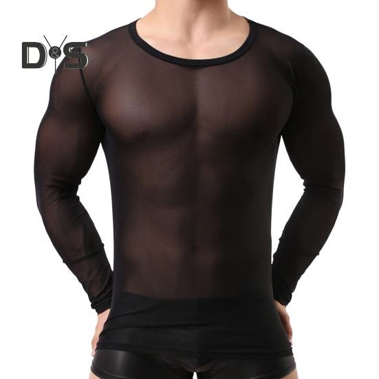 

Мужской сетчатый топ, ультратонкая прозрачная футболка с круглым вырезом и длинными рукавами, однотонная эластичная облегающая вечерняя домашняя одежда для танцев, футболка для выступлений M чёрный