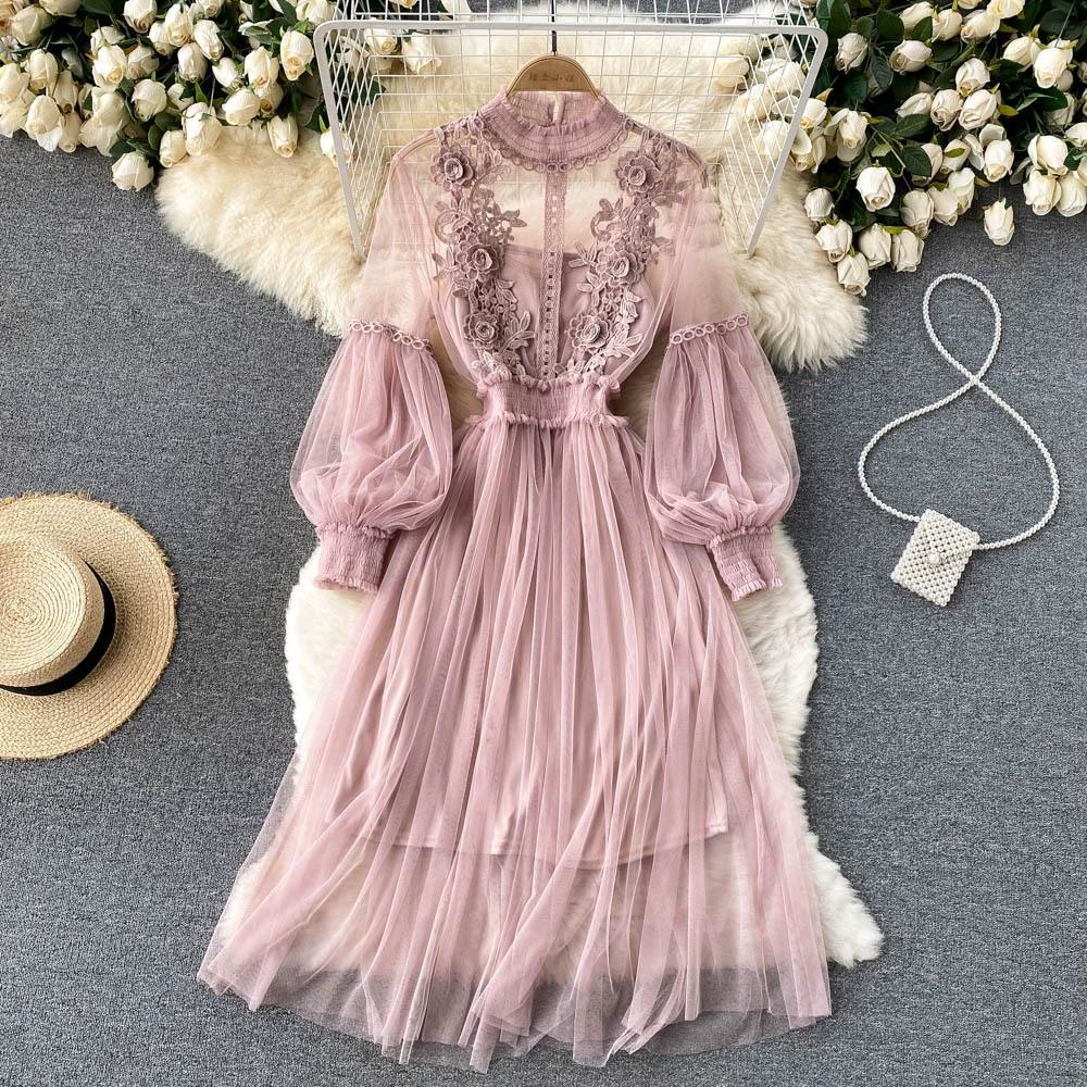 Three-dimensional Flower Mesh Temperament Stand-up Collar Lantern Sleeve High Waist Slimming Suspender Fairy Dress