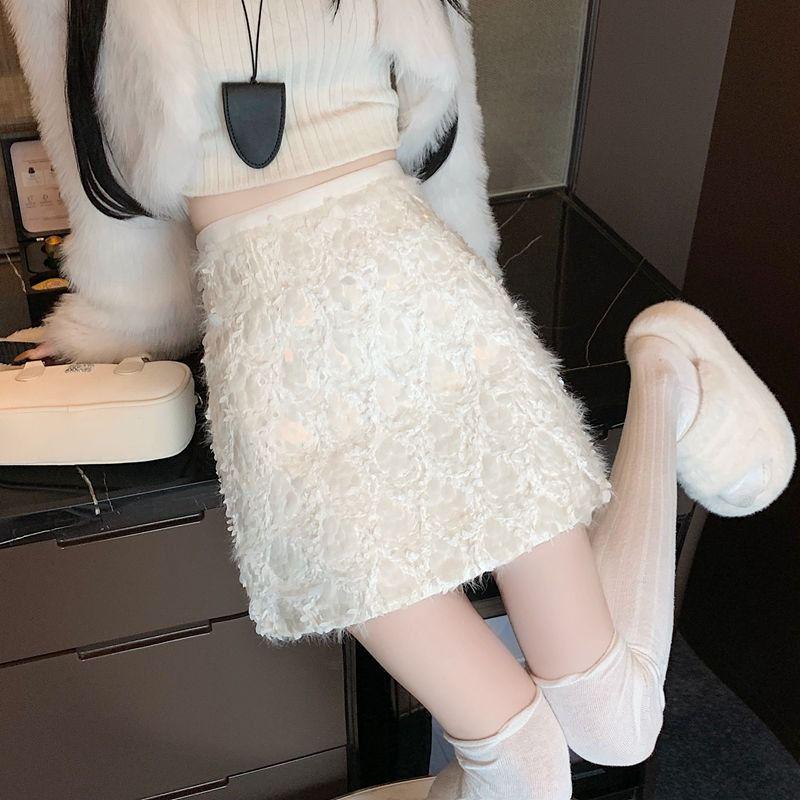 French Chic Sequined High-Waisted Slimming A-Line Skirt for Women - Autumn/Winter Hip-Hugging Short Skirt, Petite & Plus Sizes