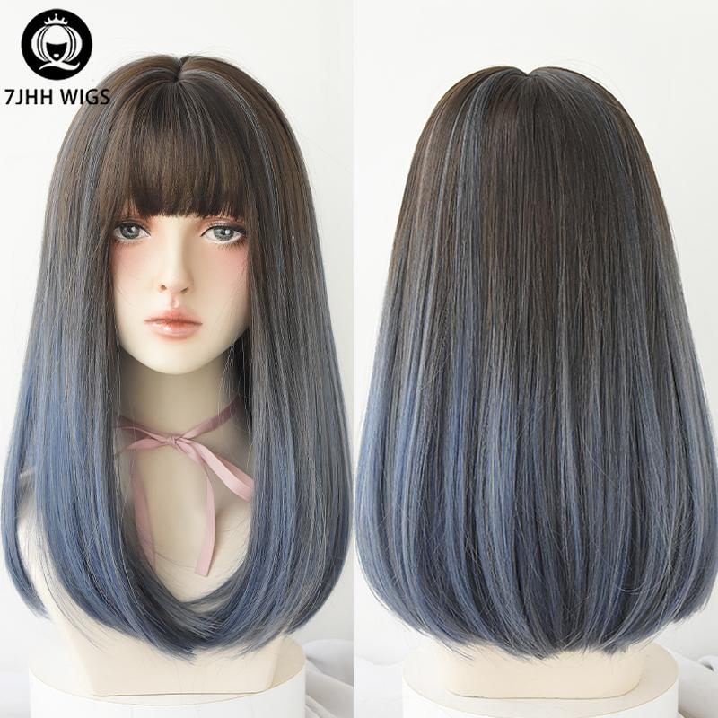 7jhh Perücken Lange glatte Perücken mit Pony für Frauen Omber Blau Synthetisches Häkelhaar Afroamerikaner Lieblings-Damen Vollperücke