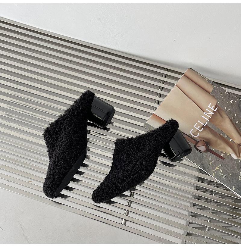 Европейский и американский стиль круглый носок толстый каблук повседневные полуботинки осенние сумка на носок верхняя одежда мех Мюллер высокие каблуки 39 чёрный 2860₽