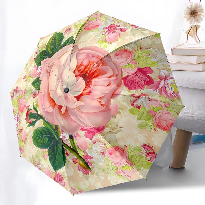 Flower Theme Folding Umbrella - Fashionable Auto-Open Design 8 Iron Ribs Plastic Handle Foldable Sunshade Perfect Christmas Gift