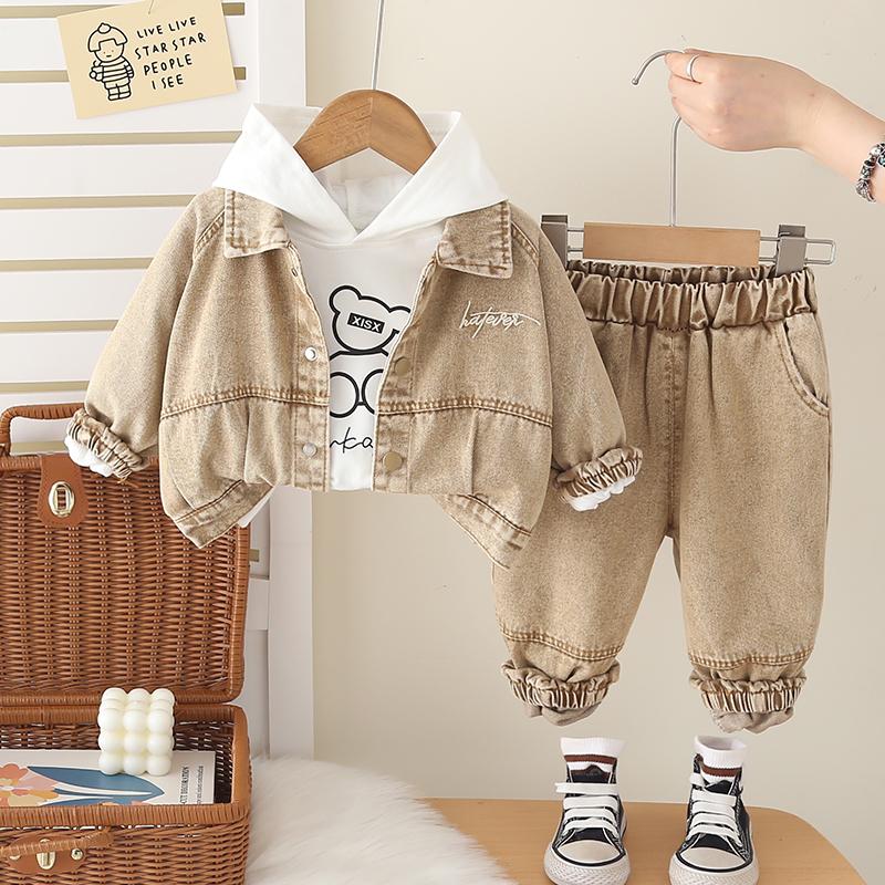 Boys' Long Sleeved 3-piece Set, 0-5-year-old Boys' Fashion Suit, Children's Denim Jacket+white T-shirt+denim Pants