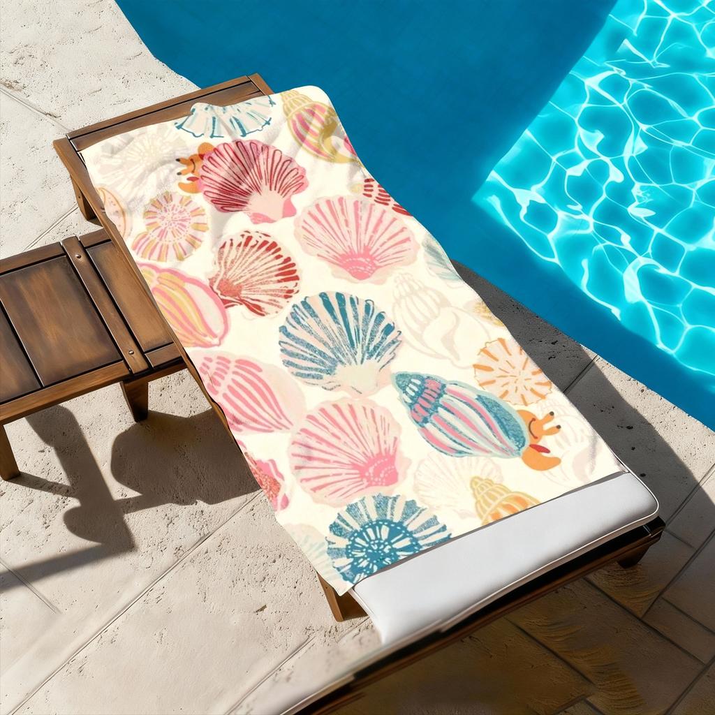 Fresh Seashells Theme Beach Towel, 2D Flat Quick-Drying Ultra-Soft Large Size for Yoga Travel