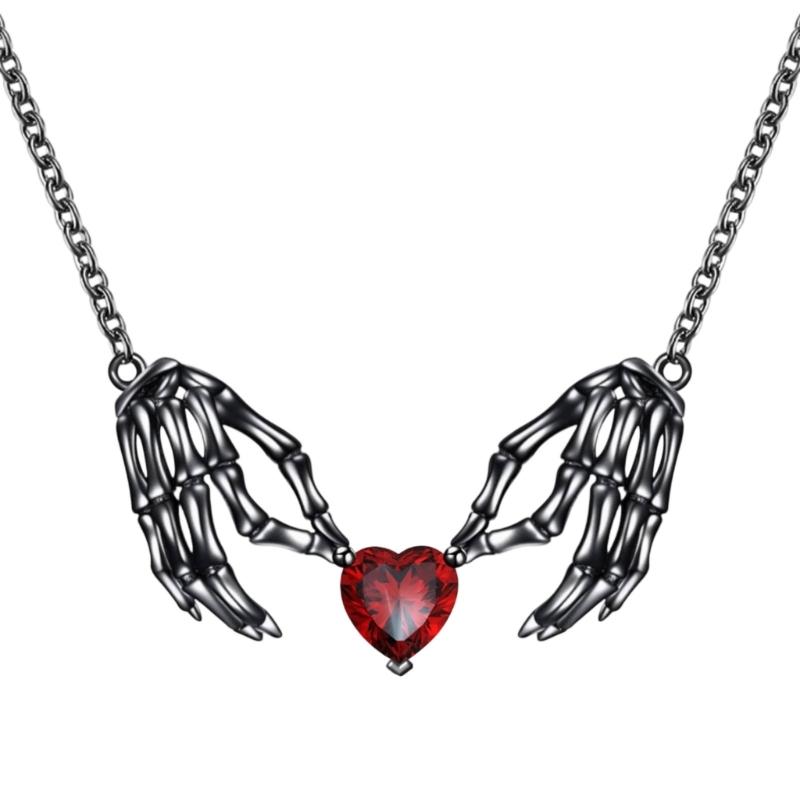 Edgy Heart Bat Wing Pendant Necklace Dark Fantasy Skull Hand Jewelry For Women Gothic Halloween Gift Fashion Accessory