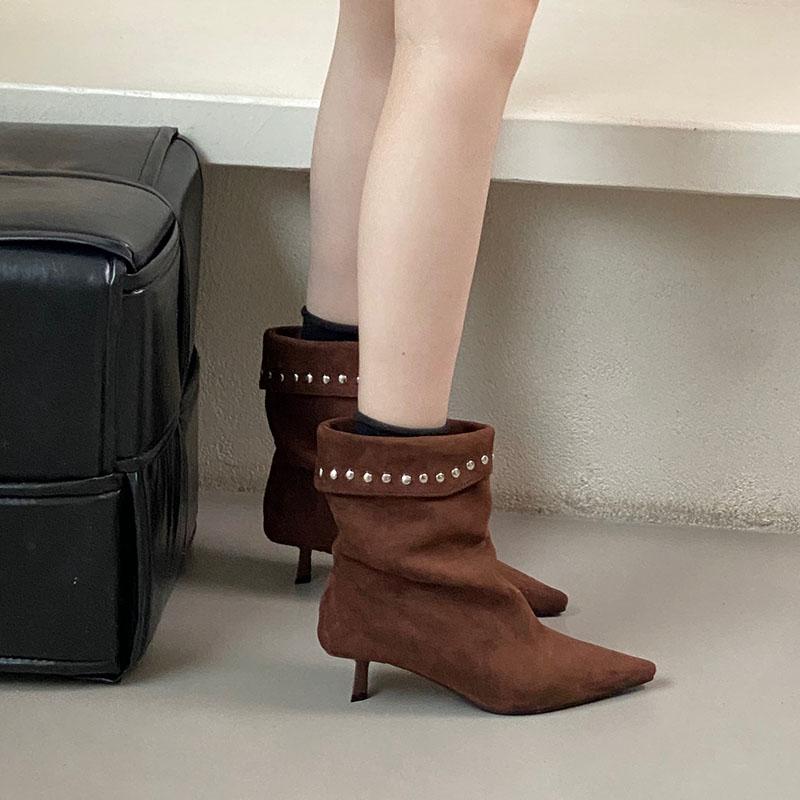 Fashion Female Pointed Toe Ladies Ankle Boots Shoes With Thin Heels Shoes Fashion Metal Rivet Footwear Women Short Boots Pumps