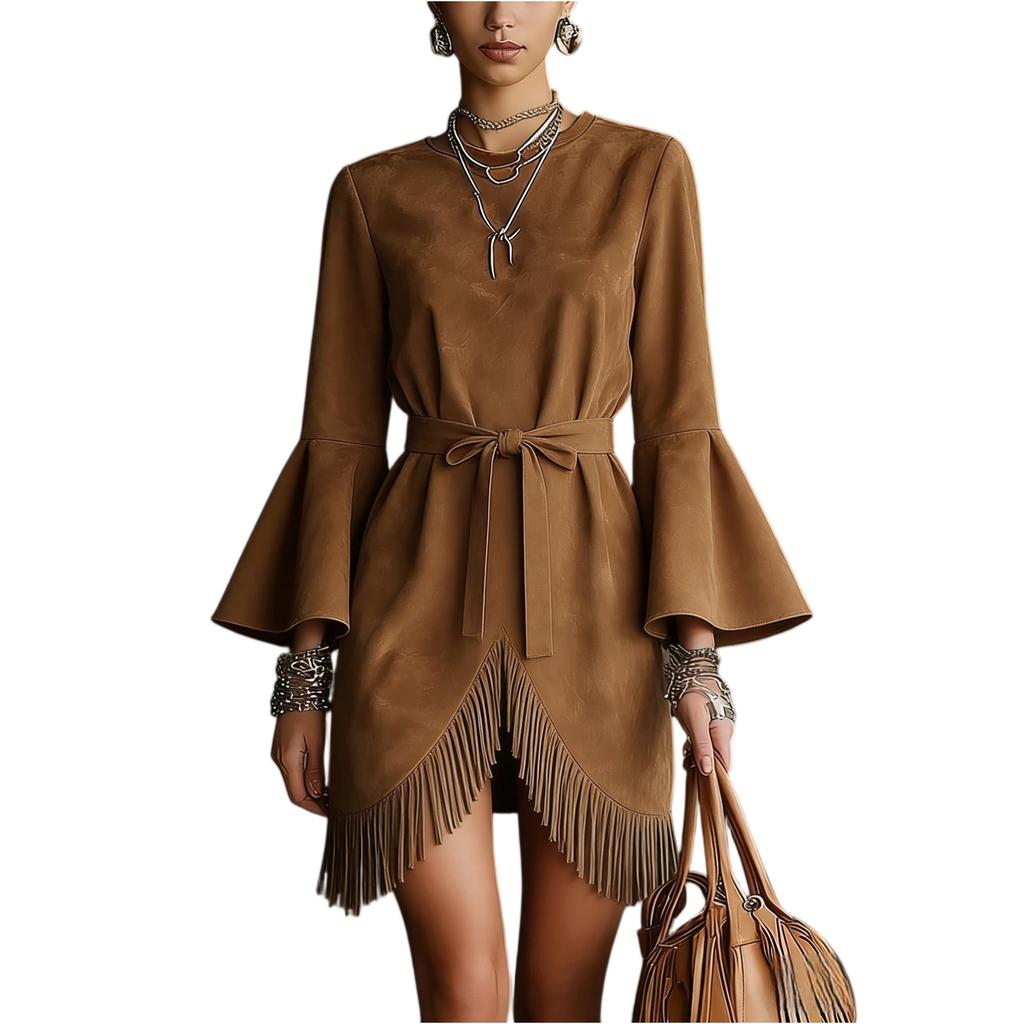 Ladies' Casual Tassel Flared Sleeve Long Sleeved Dress