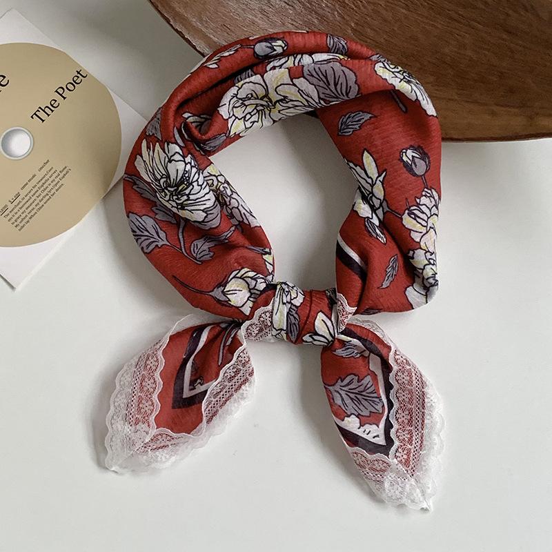 Silk scarf neck small square scarf new multi-color versatile headscarf summer women's pastoral lace headband hair accessories decorative small scarf