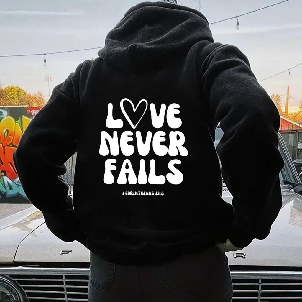 Women'S Shoulder Sleeve Fleece Sweater Plain Letter Print Kangaroo Pocket Drawstring Print Hoodie